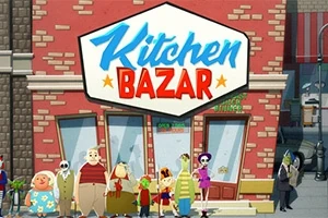 Varias personas animadas de pie frente a un edificio de ladrillos con un letrero que dice Kitchen Bazar