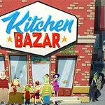 Varias personas animadas de pie frente a un edificio de ladrillos con un letrero que dice Kitchen Bazar