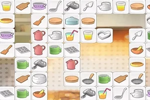 Iconos de utensilios de cocina y alimentos organizados en una cuadrícula contra un fondo borroso