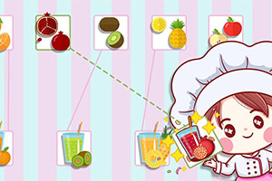 Chef caricaturesca junto a bebidas y frutas tropicales sobre fondo de rayas pastel