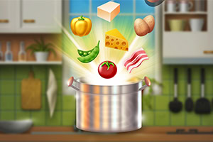 Ingredientes incluyendo un pimiento amarillo, tofu, papa, chícharos, queso, jitomate y tocino flotan sobre una olla en una cocina