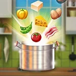 Ingredientes incluyendo un pimiento amarillo, tofu, papa, chícharos, queso, jitomate y tocino flotan sobre una olla en una cocina