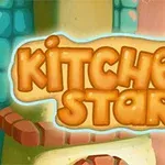 Un título en letras infladas color naranja sobre un fondo de cocina caricaturesca con frascos y decoraciones