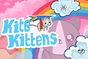 Un gatito con una cometa sobrevuela un arcoíris y nubes sonrientes en un fondo rosado con el texto Kite Kittens