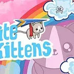 Un gatito con una cometa sobrevuela un arcoíris y nubes sonrientes en un fondo rosado con el texto Kite Kittens