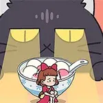 Gato negro con ojos amarillos observa intensamente un tazón de comida delante de una niña pequeña vestida de rosa