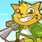 Gato caricaturesco con una gran sonrisa, sosteniendo un arma sobre su hombro, vestido con traje verde, en un paisaje de cielo azul