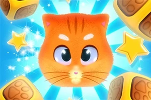 Un gato naranja con ojos grandes rodeado de estrellas amarillas y cubos de madera en un fondo azul resplandeciente