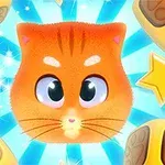 Un gato naranja con ojos grandes rodeado de estrellas amarillas y cubos de madera en un fondo azul resplandeciente