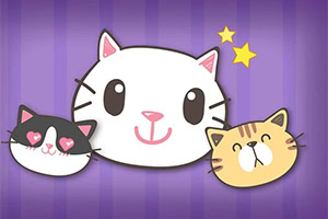 Tres caras de gatos dibujadas de forma caricaturesca sobre un fondo morado, con el gato central sonriendo y dos estrellas amarillas en la esquina superior