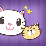 Tres caras de gatos dibujadas de forma caricaturesca sobre un fondo morado, con el gato central sonriendo y dos estrellas amarillas en la esquina superior