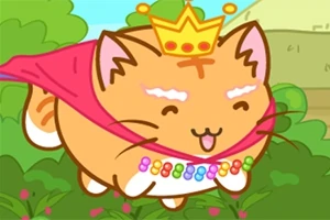 Gato caricaturizado con corona dorada y capa rosa, adornado con un collar de cuentas de colores, sobre un fondo de arbustos verdes