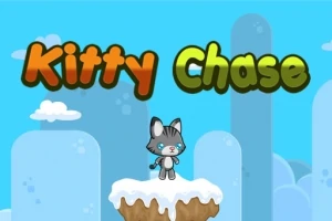 Un gato caricaturesco está de pie sobre una plataforma cubierta de nieve, con el texto Kitty Chase en el fondo azul