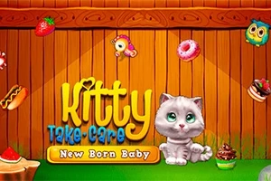 Un gato gris con ojos grandes está sentado frente a una cerca de madera con varios elementos coloridos como frutas, dulces y objetos flotando alrededor