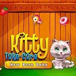 Un gato gris con ojos grandes está sentado frente a una cerca de madera con varios elementos coloridos como frutas, dulces y objetos flotando alrededor
