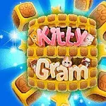 Título colorido Kitty Gram con gráficos de gatos y waffles en un fondo azul brillante