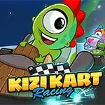 Un personaje verde con cresta roja conduce un kart en una pista debajo de un cielo estrellado, con otros personajes detrás y el texto Kizi Kart Racing al frente
