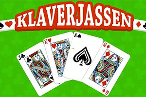 Cartas de naipes, incluyendo un trébol, un rey de rombos, un as de espadas y una reina de diamantes, sobre un fondo verde con la palabra KLAVERJASSEN en la parte superior