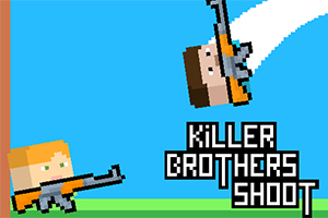 Dos figuras pixeladas con armas y el texto Killer Brothers Shoot sobre un fondo azul