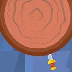 Un tronco de madera vertical con un cuchillo clavado en él sobre un fondo azul