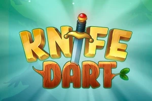 Texto tridimensional amarillo y naranja KNIFE DART con una espada en el centro sobre un fondo azul