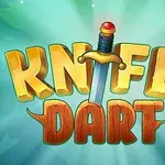 Texto tridimensional amarillo y naranja KNIFE DART con una espada en el centro sobre un fondo azul