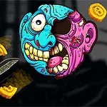Cara monstruosa y colorida con un cuchillo volador y rodajas de moneda amarilla sobre un fondo oscuro