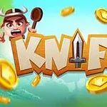 Título con letras grandes que dice KNIFE con una espada en el centro, rodeado de monedas doradas y personajes caricaturescos con cuernos