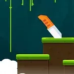 Cuchillo clavado en una plataforma de tierra con bordes cubiertos de césped, en un fondo azul oscuro con líneas verdes colgantes