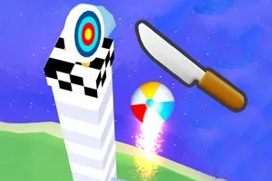 Un cuchillo flotando en el aire cerca de una torre con un objetivo y una pelota de playa en el fondo