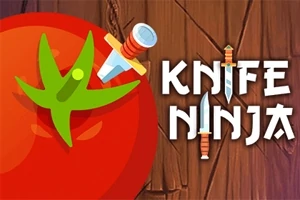 Tomate atravesado por un cuchillo sobre un fondo de madera con el texto Knife Ninja