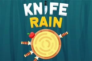 Texto Knife Rain sobre un fondo azul, con un tronco en el centro y cuchillos clavados alrededor, acompañado de una manzana roja