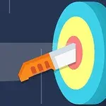 Un cuchillo clavado en el centro de un blanco circular con colores amarillo, azul y rosa sobre un fondo oscuro