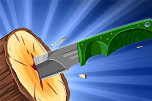 Cuchillo con mango verde clavado en un tronco sobre un fondo azul con rayos