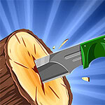 Cuchillo con mango verde clavado en un tronco sobre un fondo azul con rayos