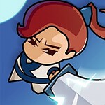Personaje de dibujos animados con cabello rojo y coleta, blandiendo una gran espada sobre un fondo azul