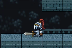 Caballero con armadura y casco rojo sosteniendo una espada en un entorno pixelado de ladrillos grises