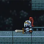 Caballero con armadura y casco rojo sosteniendo una espada en un entorno pixelado de ladrillos grises