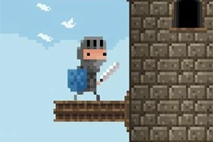 Caballero pixelado con armadura, escudo y espada caminando hacia una torre de ladrillos