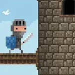 Caballero pixelado con armadura, escudo y espada caminando hacia una torre de ladrillos