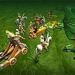 Soldados y caballeros con espadas y catapultas enfrentan a dragones verdes en un campo de batalla