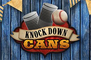 Tres latas apiladas y una pelota de béisbol en un fondo de madera azul, acompañados por el texto Knock Down Cans