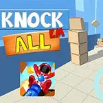 Personajes robóticos disparando bolas azules y derribando cajas en un entorno urbano con el texto Knock Em All