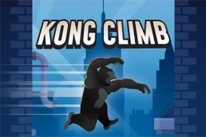 Un gorila negro trepando un edificio azul oscuro con la ciudad al fondo y el texto Kong Climb arriba