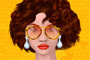Mujer con gafas grandes y cabello rizado, usando pendientes brillantes, sobre un fondo amarillo texturizado
