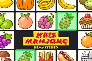 Cuadrícula de iconos coloridos de frutas y comida con el texto Kris Mahjong Remastered en el centro
