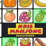 Cuadrícula de iconos coloridos de frutas y comida con el texto Kris Mahjong Remastered en el centro