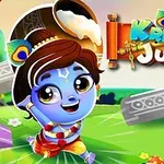 Un personaje azul con ojos grandes, rodeado de elementos coloridos, incluyendo vegetación y un tambor, con un título colorido en la esquina superior derecha