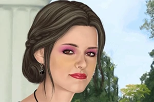 Mujer joven con maquillaje llamativo y cabello recogido, con fondo de columnas y árboles en un entorno exterior