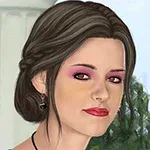 Mujer joven con maquillaje llamativo y cabello recogido, con fondo de columnas y árboles en un entorno exterior